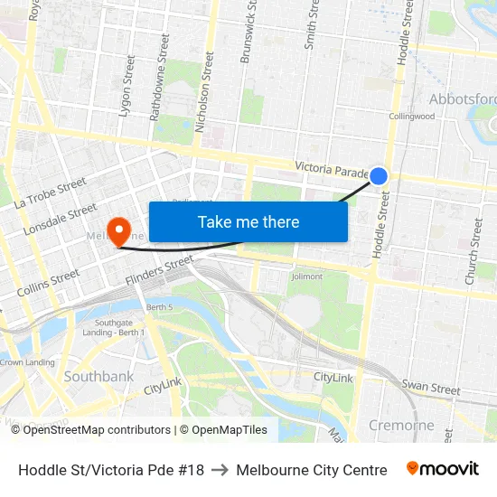 Hoddle St/Victoria Pde #18 to Melbourne City Centre map