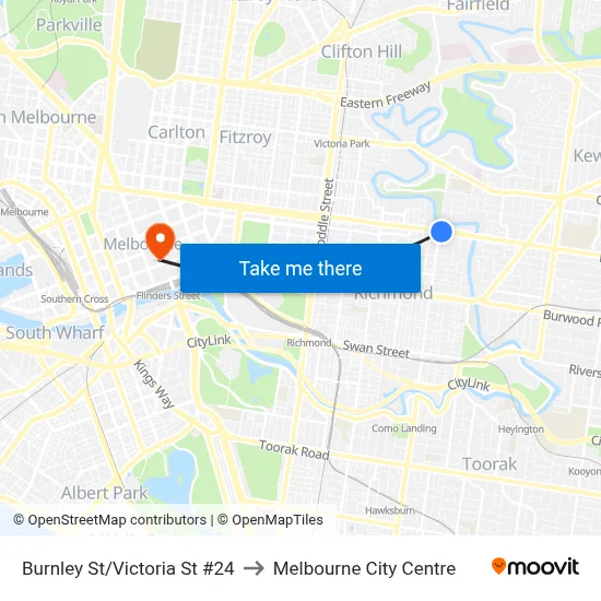Burnley St/Victoria St #24 to Melbourne City Centre map