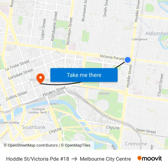 Hoddle St/Victoria Pde #18 to Melbourne City Centre map