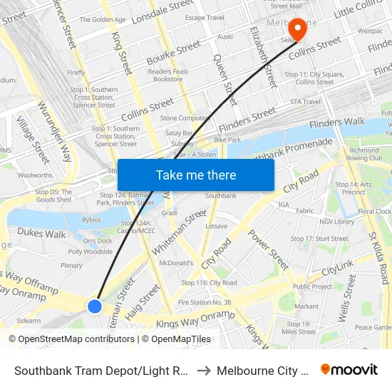 Southbank Tram Depot/Light Rail #125a to Melbourne City Centre map