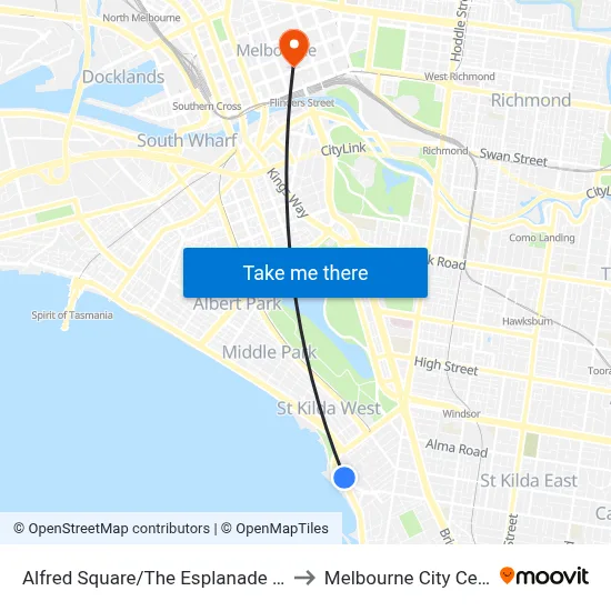 Alfred Square/The Esplanade #136 to Melbourne City Centre map