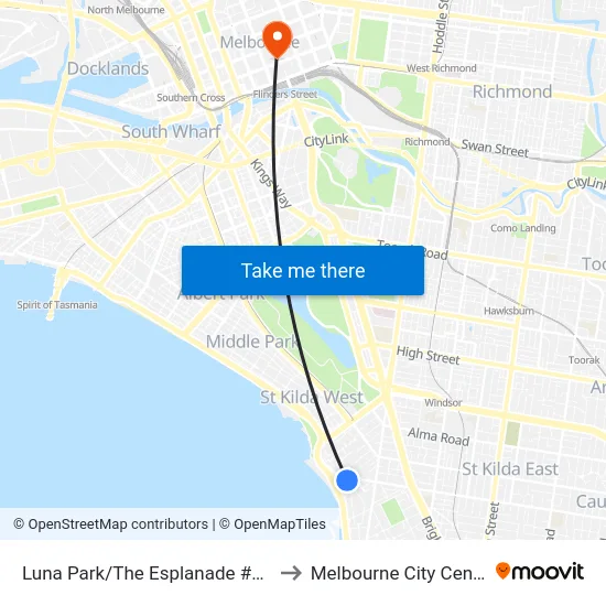 Luna Park/The Esplanade #138 to Melbourne City Centre map
