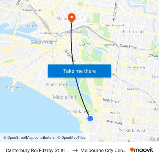 Canterbury Rd/Fitzroy St #133 to Melbourne City Centre map