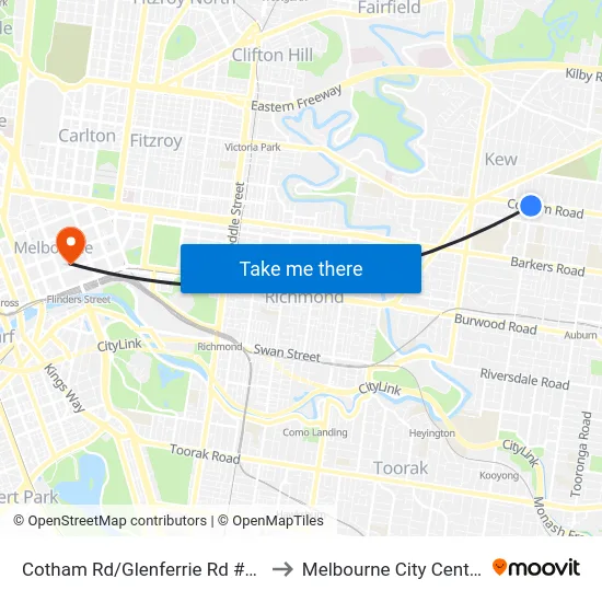 Cotham Rd/Glenferrie Rd #80 to Melbourne City Centre map