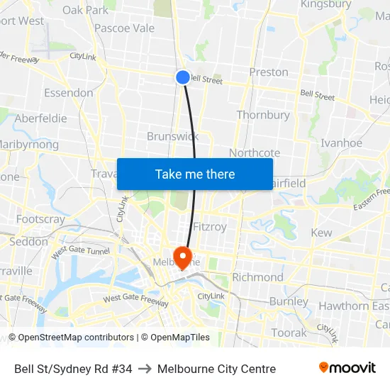 Bell St/Sydney Rd #34 to Melbourne City Centre map