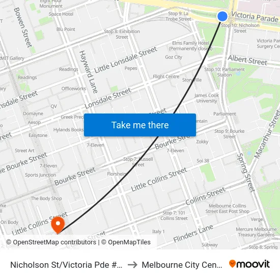 Nicholson St/Victoria Pde #10 to Melbourne City Centre map