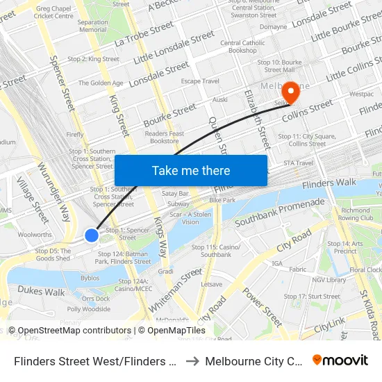 Flinders Street West/Flinders St #D6 to Melbourne City Centre map