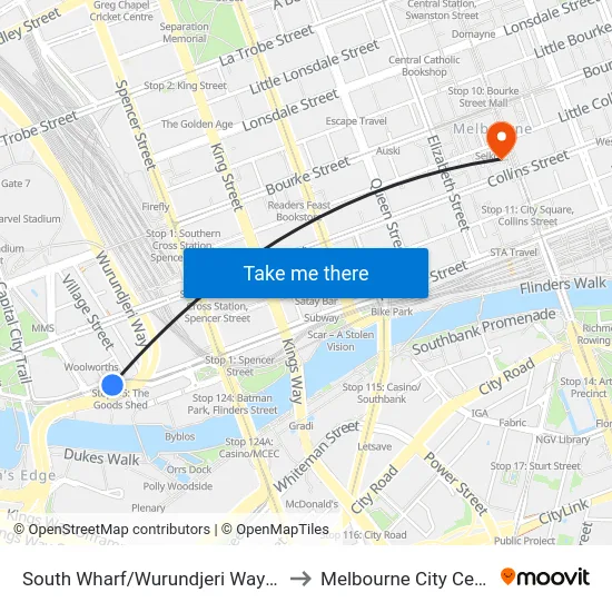 South Wharf/Wurundjeri Way #D5 to Melbourne City Centre map