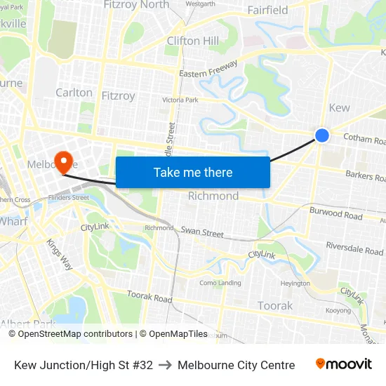 Kew Junction/High St #32 to Melbourne City Centre map