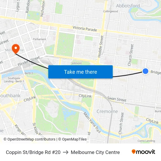 Coppin St/Bridge Rd #20 to Melbourne City Centre map