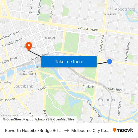 Epworth Hospital/Bridge Rd #15 to Melbourne City Centre map
