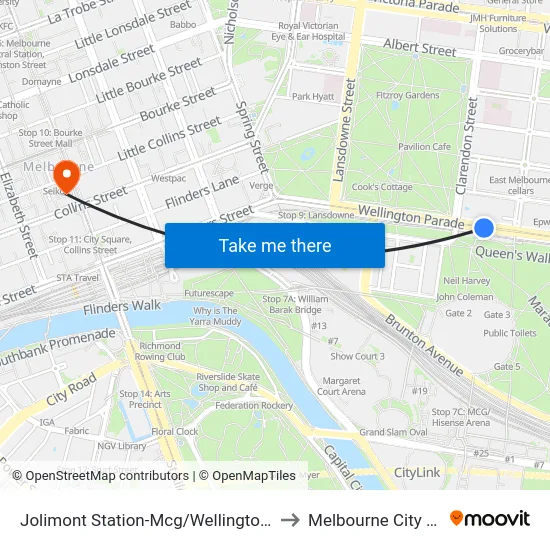 Jolimont Station-Mcg/Wellington Pde #11 to Melbourne City Centre map