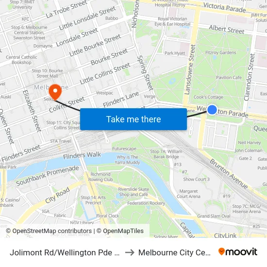 Jolimont Rd/Wellington Pde #10 to Melbourne City Centre map