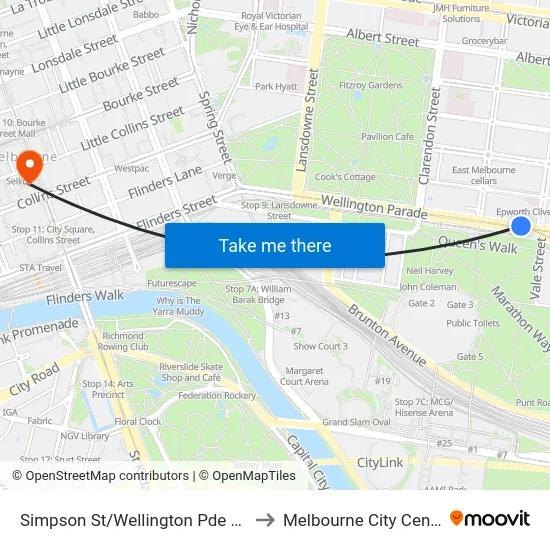 Simpson St/Wellington Pde #13 to Melbourne City Centre map