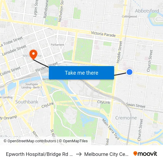 Epworth Hospital/Bridge Rd #15 to Melbourne City Centre map