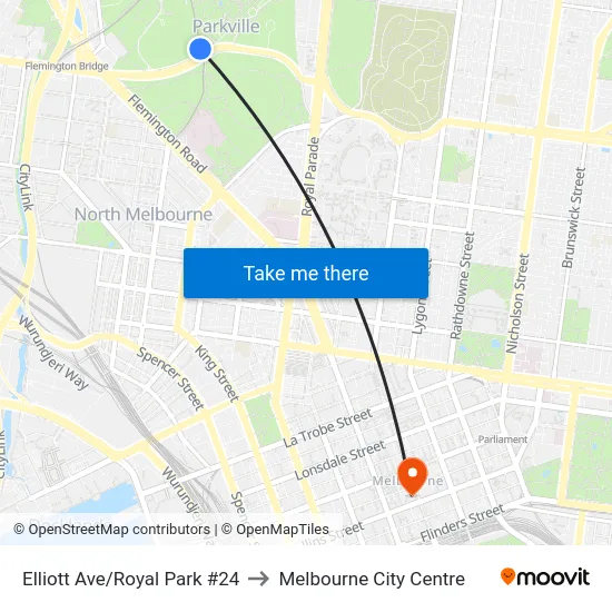 Elliott Ave/Royal Park #24 to Melbourne City Centre map
