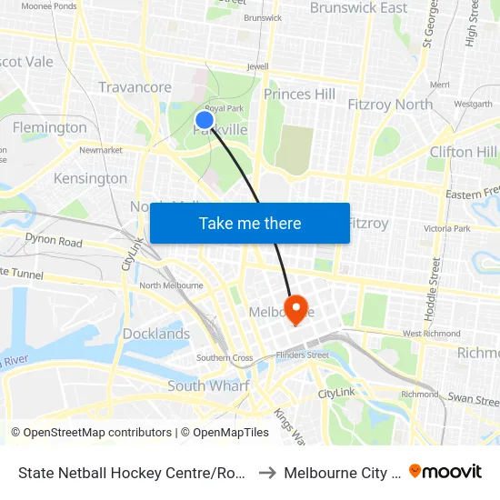 State Netball Hockey Centre/Royal Park #25 to Melbourne City Centre map