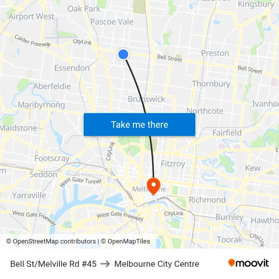 Bell St/Melville Rd #45 to Melbourne City Centre map