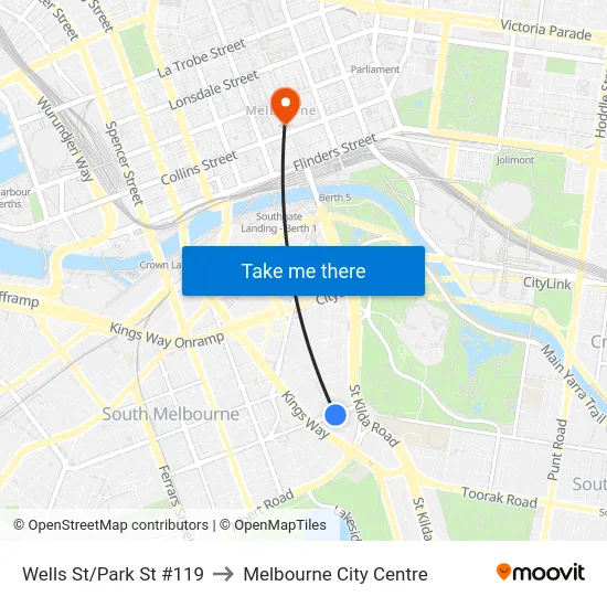 Wells St/Park St #119 to Melbourne City Centre map