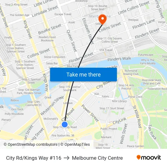 City Rd/Kings Way #116 to Melbourne City Centre map