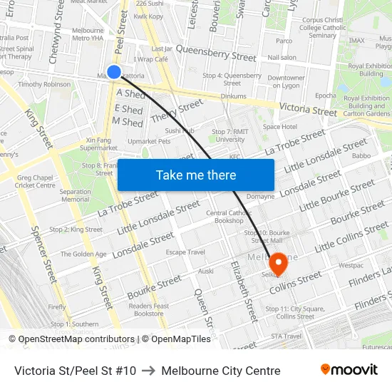 Victoria St/Peel St #10 to Melbourne City Centre map