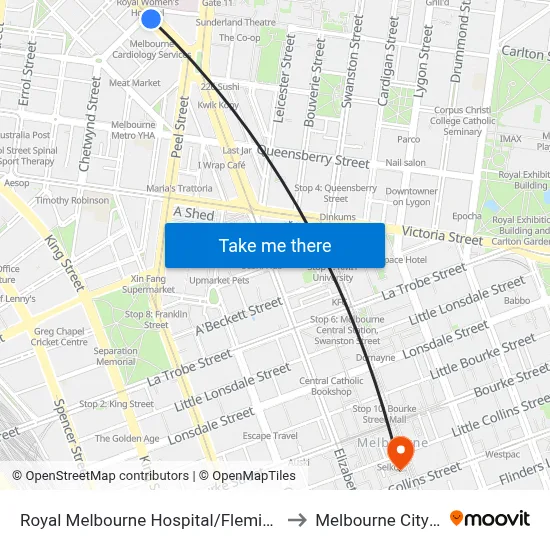 Royal Melbourne Hospital/Flemington Rd #14 to Melbourne City Centre map