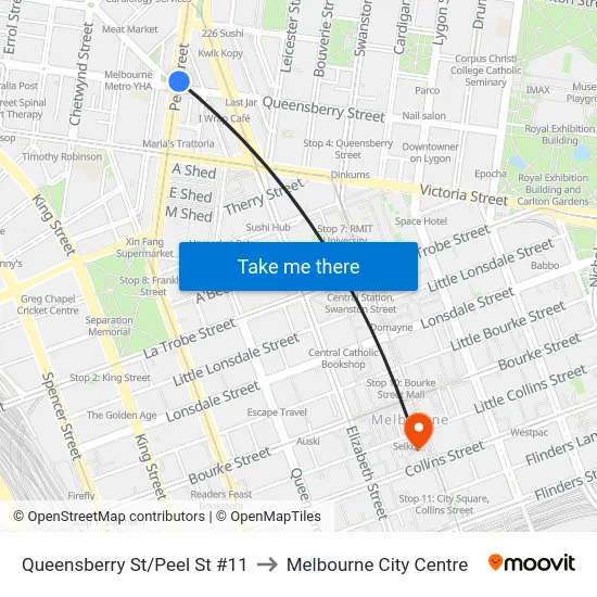Queensberry St/Peel St #11 to Melbourne City Centre map