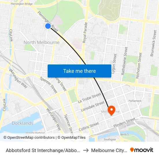 Abbotsford St Interchange/Abbotsford St #19 to Melbourne City Centre map