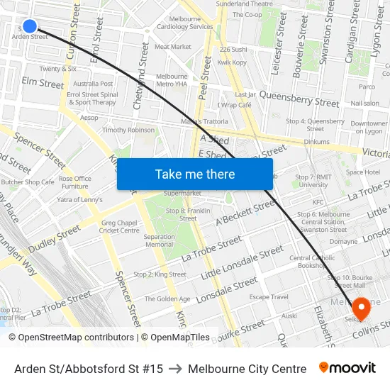 Arden St/Abbotsford St #15 to Melbourne City Centre map