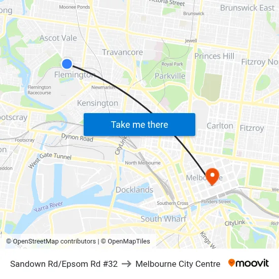 Sandown Rd/Epsom Rd #32 to Melbourne City Centre map