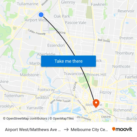 Airport West/Matthews Ave #59 to Melbourne City Centre map