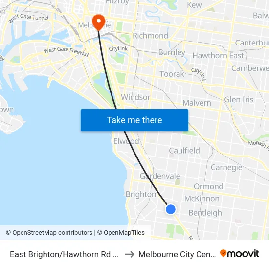 East Brighton/Hawthorn Rd #68 to Melbourne City Centre map