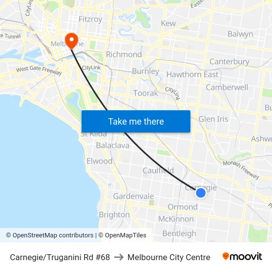 Carnegie/Truganini Rd #68 to Melbourne City Centre map