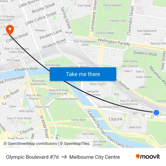 Olympic Boulevard #7d to Melbourne City Centre map