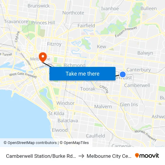 Camberwell Station/Burke Rd #64 to Melbourne City Centre map