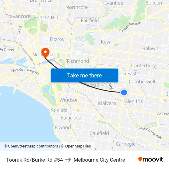 Toorak Rd/Burke Rd #54 to Melbourne City Centre map