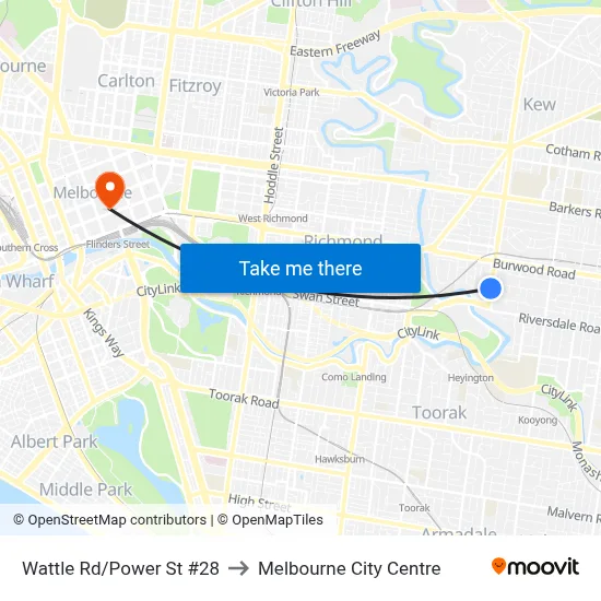 Wattle Rd/Power St #28 to Melbourne City Centre map