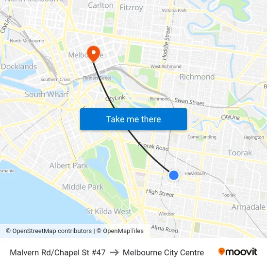 Malvern Rd/Chapel St #47 to Melbourne City Centre map