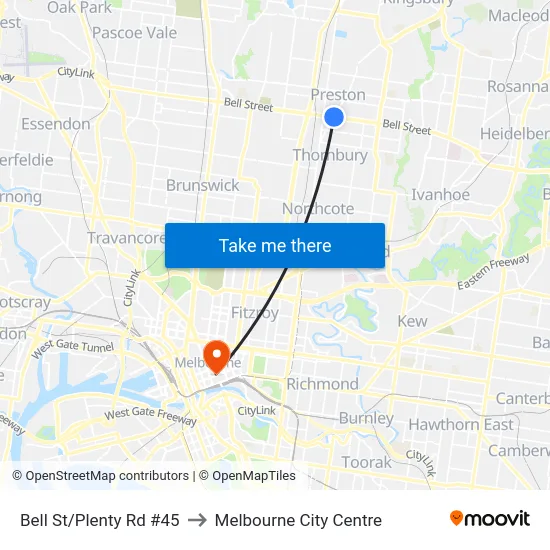 Bell St/Plenty Rd #45 to Melbourne City Centre map