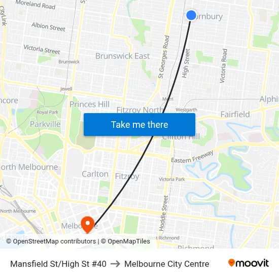 Mansfield St/High St #40 to Melbourne City Centre map