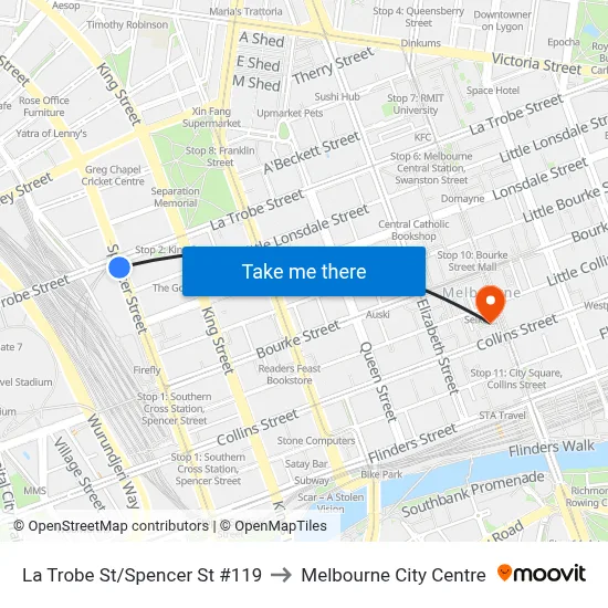 La Trobe St/Spencer St #119 to Melbourne City Centre map