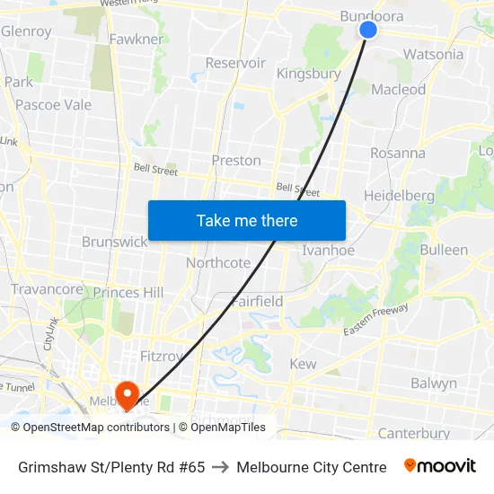 Grimshaw St/Plenty Rd #65 to Melbourne City Centre map