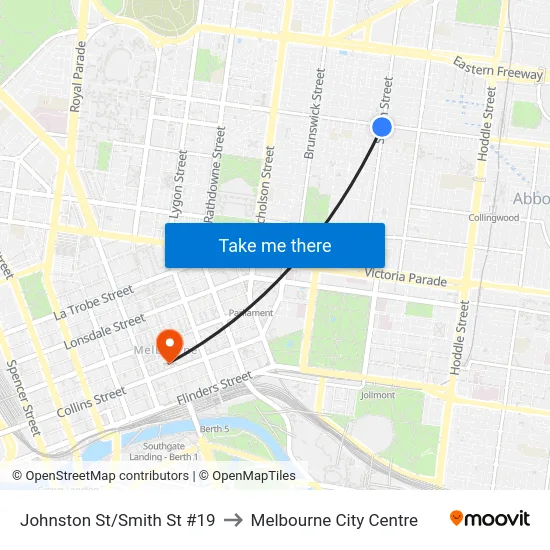 Johnston St/Smith St #19 to Melbourne City Centre map