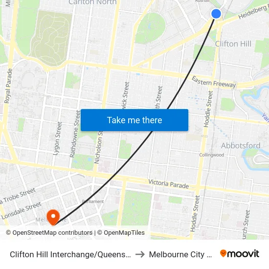 Clifton Hill Interchange/Queens Pde #25 to Melbourne City Centre map