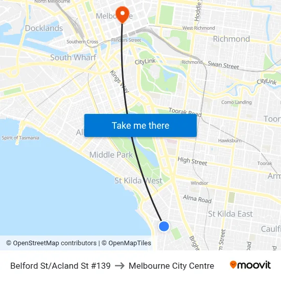 Belford St/Acland St #139 to Melbourne City Centre map