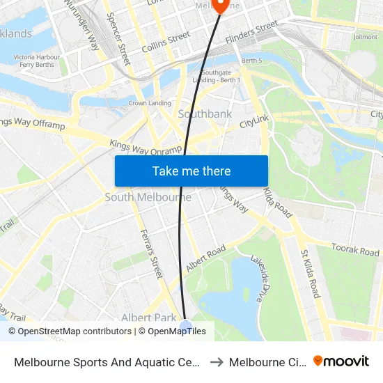 Melbourne Sports And Aquatic Centre/Light Rail #129 to Melbourne City Centre map