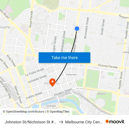 Johnston St/Nicholson St #13 to Melbourne City Centre map