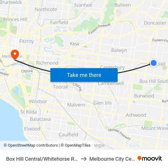 Box Hill Central/Whitehorse Rd #58 to Melbourne City Centre map