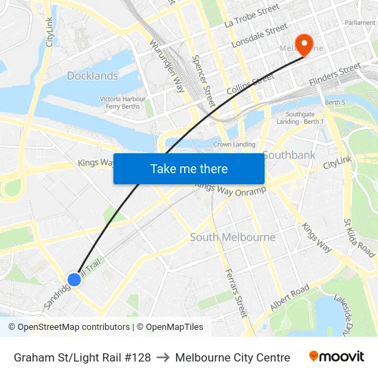 Graham St/Light Rail #128 to Melbourne City Centre map