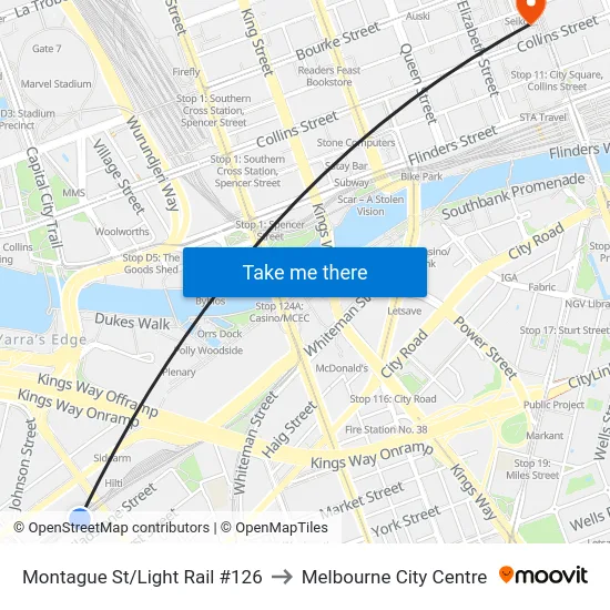Montague St/Light Rail #126 to Melbourne City Centre map